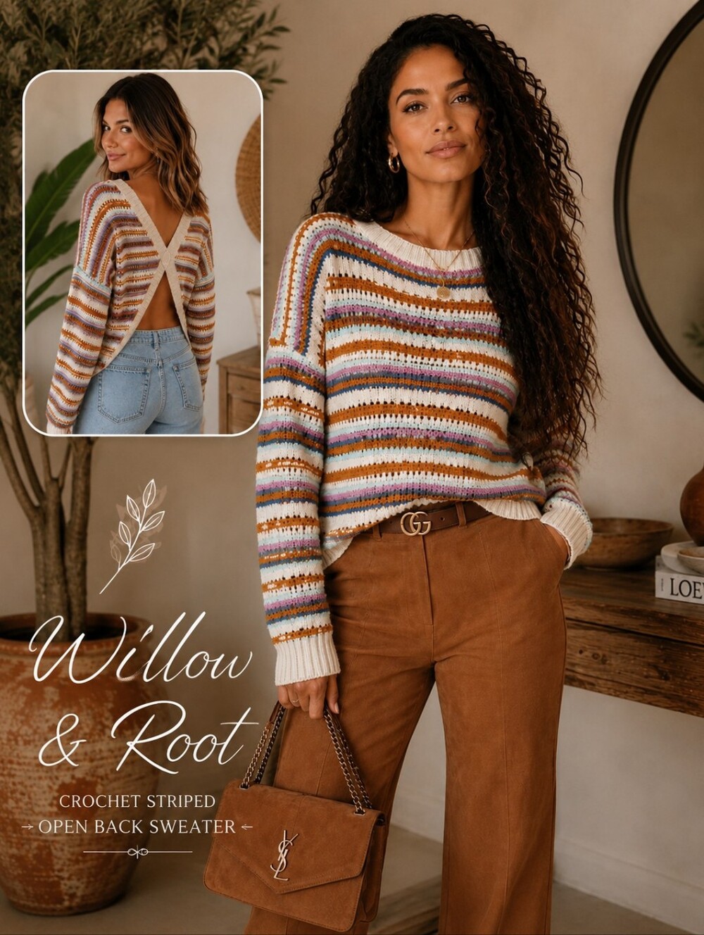 Willow & Root Sweater |Open Back Sweater | Striped Boho Pullover | Large